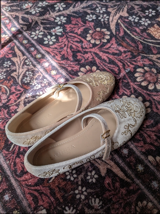Shoes - Embroidered Mary Jane Flats in Metallic Champagne